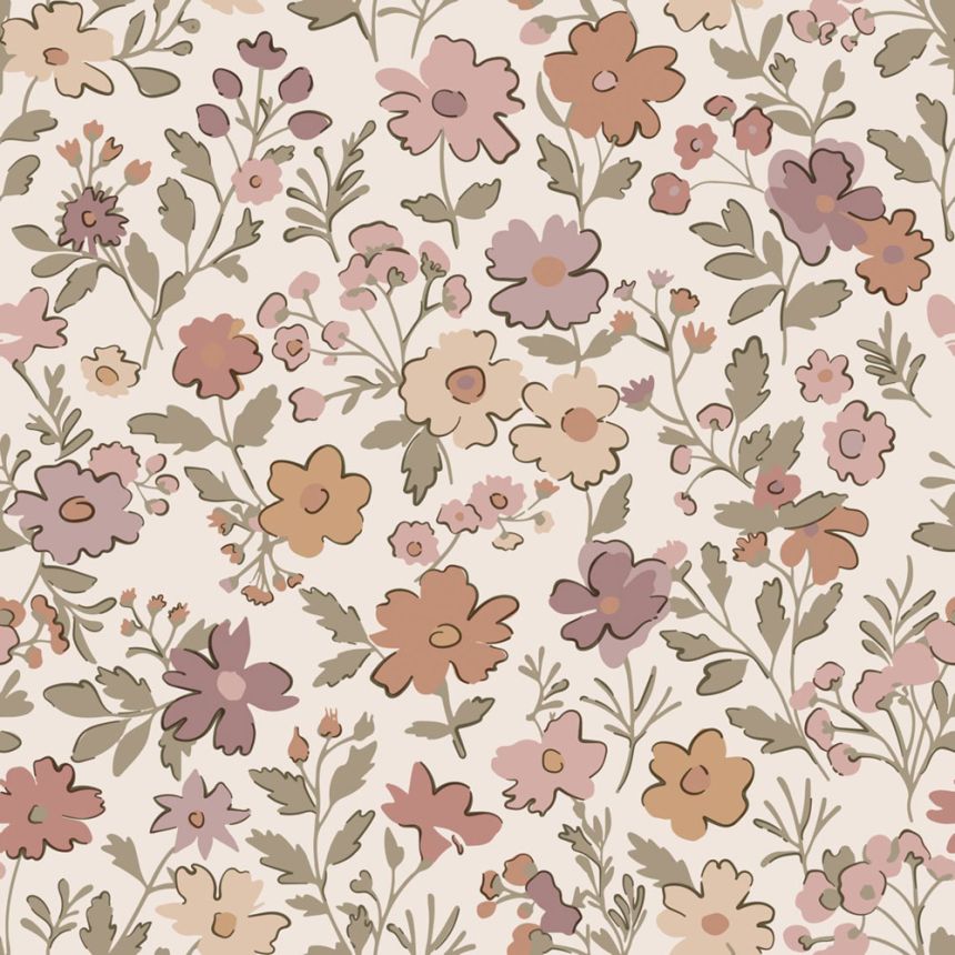Dětská tapeta s květinami, fialová, šedo-zelená, 131328, Floral Fever, Esta Home