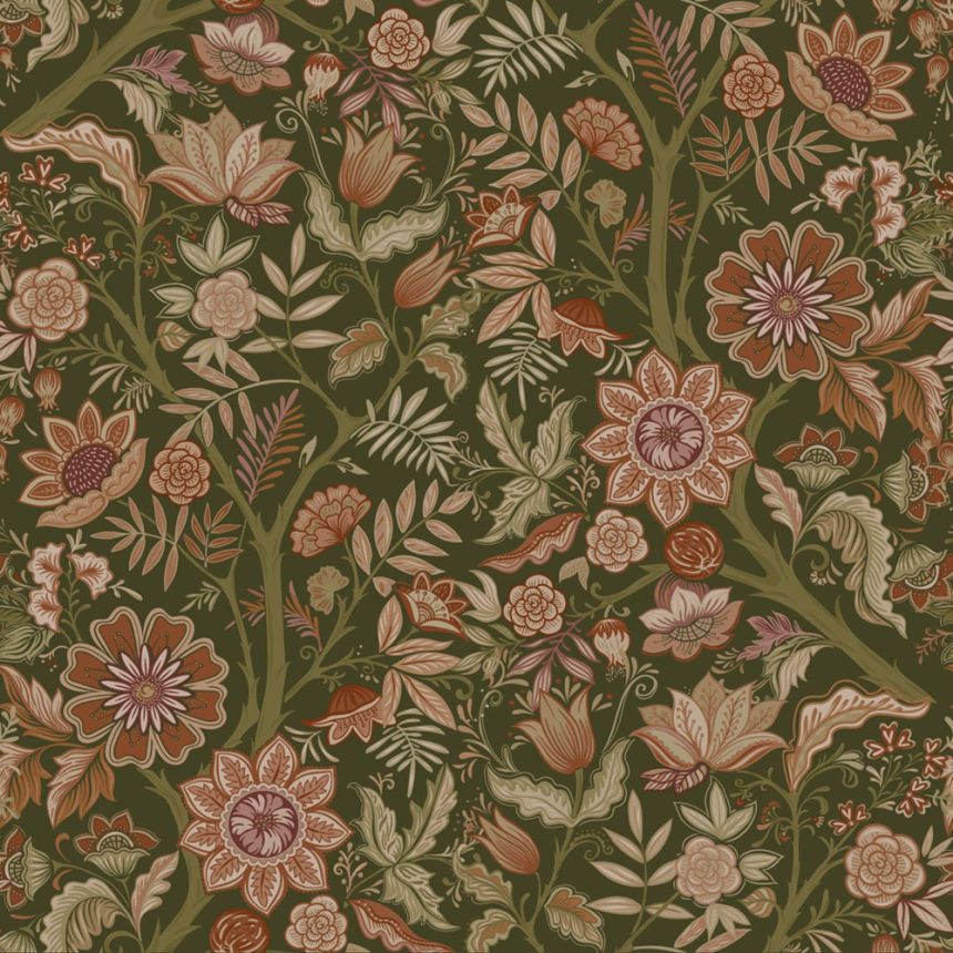Tapeta s vintage květinových vzorem, zelená, 131334, Floral Fever, Esta Home