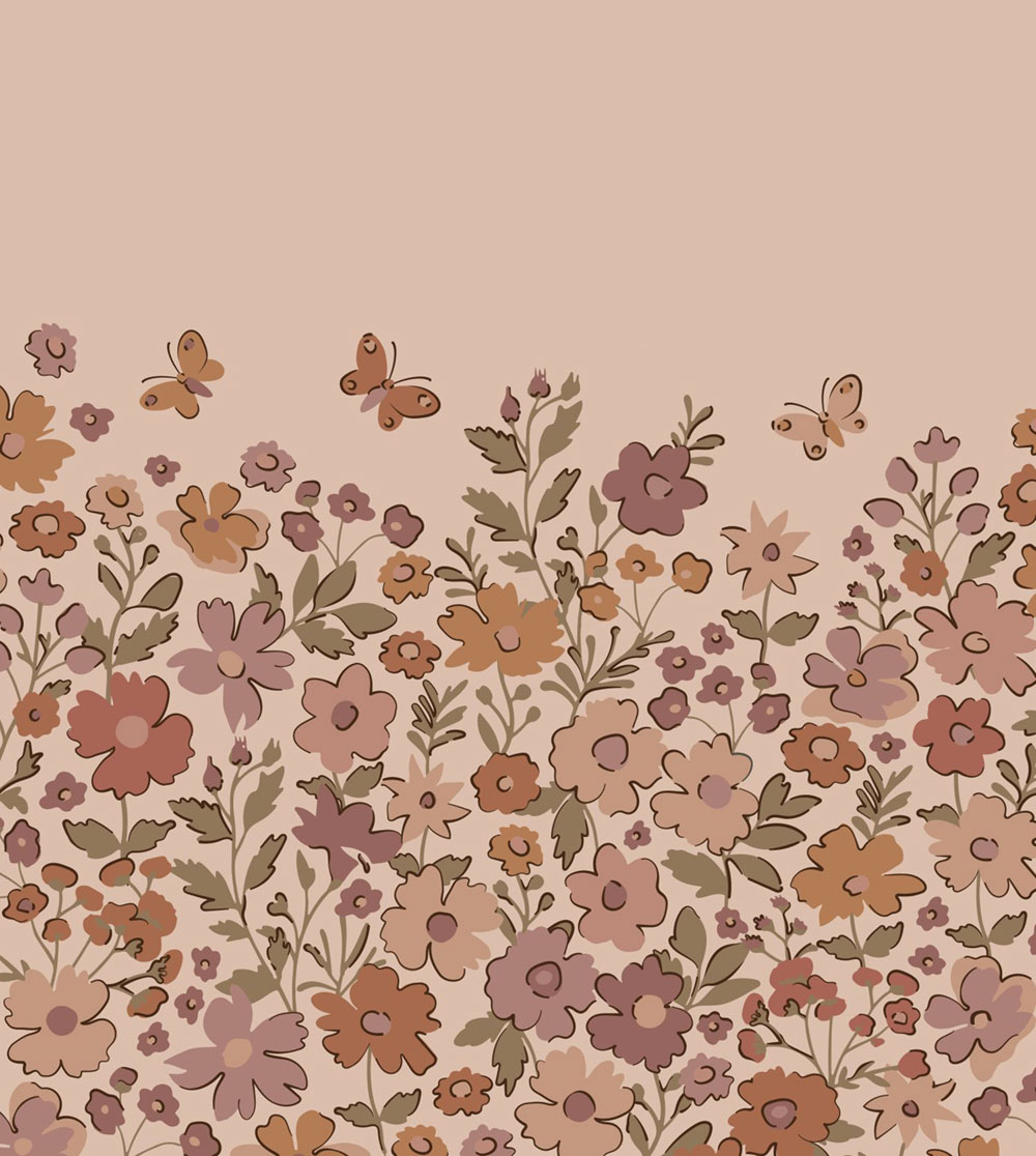 Dětská obrazová tapeta s květinami a motýly, starorůžová, oranžová, 159582, Floral Fever, Esta Home