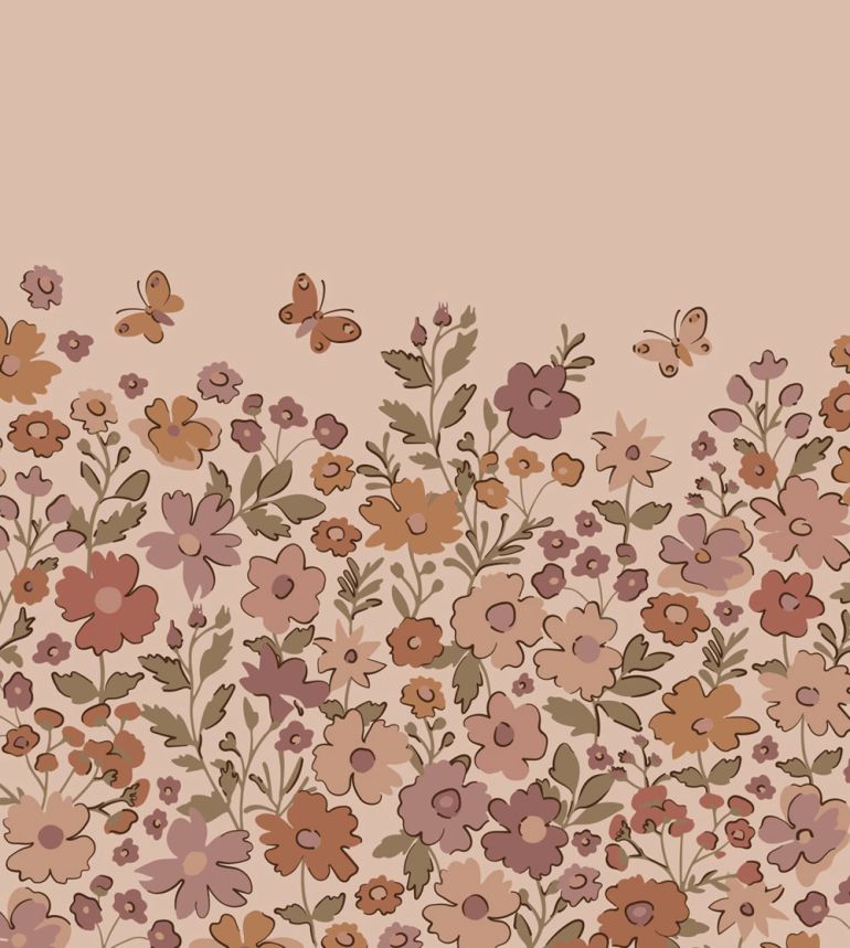 Dětská obrazová tapeta s květinami a motýly, starorůžová, oranžová, 159582, Floral Fever, Esta Home