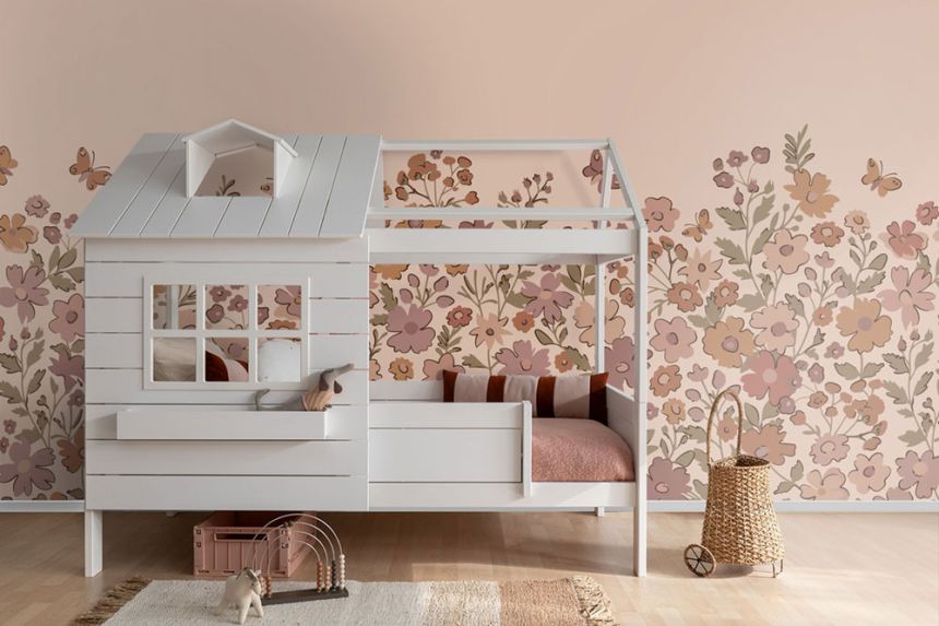 Dětská obrazová tapeta s květinami a motýly, starorůžová, oranžová, 159582, Floral Fever, Esta Home