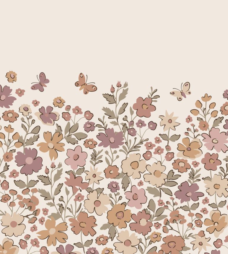 Dětská obrazová tapeta s květinami a motýly, krémová, růžová, 159586, Floral Fever, Esta Home