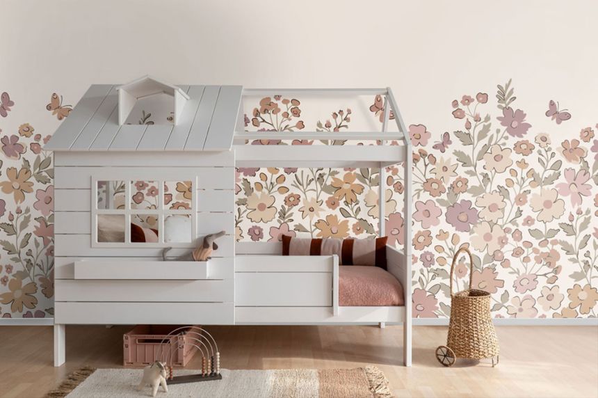 Dětská obrazová tapeta s květinami a motýly, krémová, růžová, 159586, Floral Fever, Esta Home