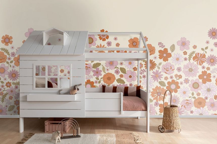 Obrazová tapeta s retro květinovým vzorem, krémová, 159592, Floral Fever, Esta Home