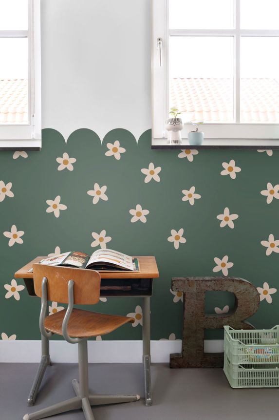 Dětská obrazová tapeta s kopretinami, bílo-zelená, 159596, Floral Fever, Esta Home