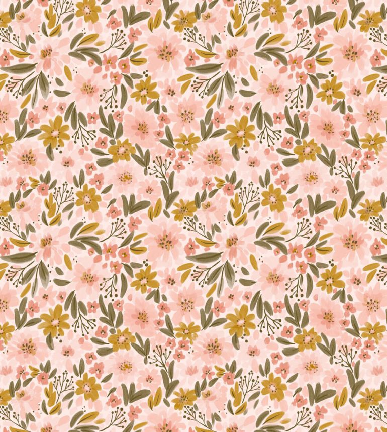Obrazová tapeta s květinami a listy, růžová, zelená, 159630, Floral Fever, Esta Home