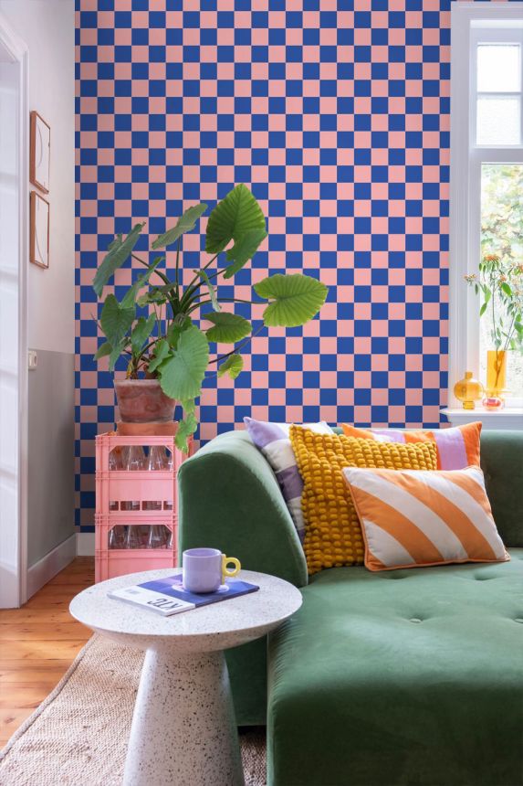 Tapeta se šachovnicovým vzorem, růžová, modrá, 130915, Color Pop, Esta Home