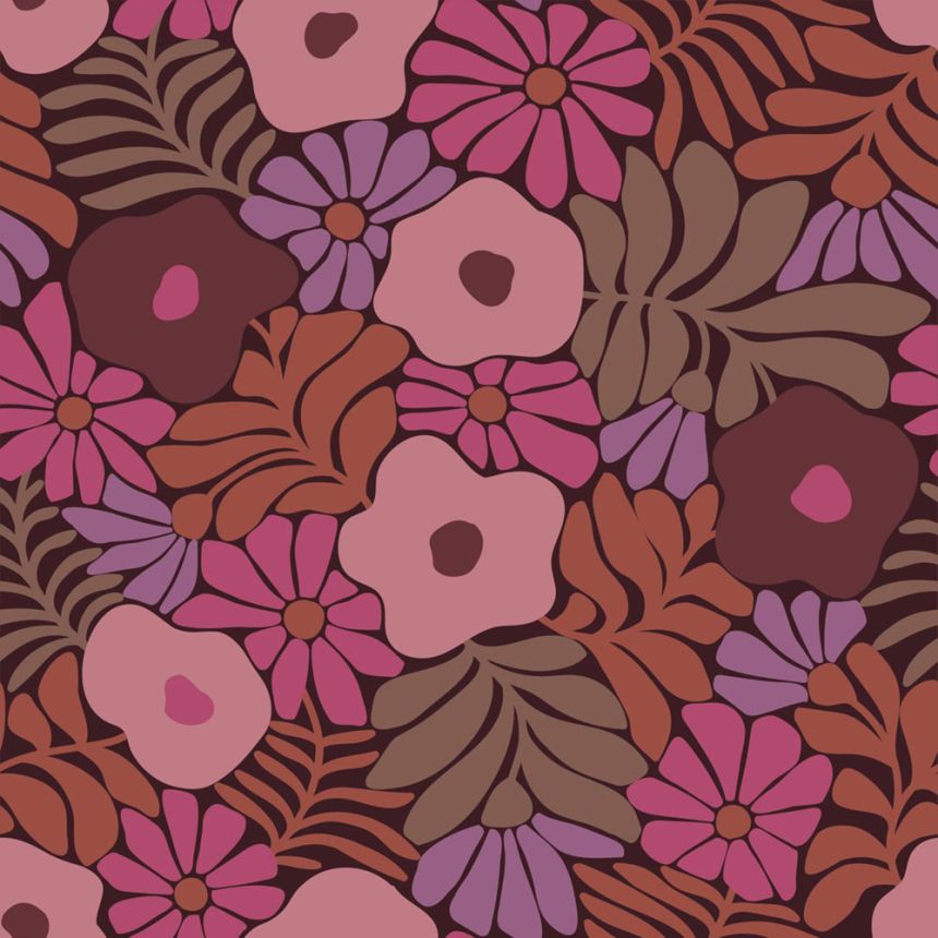 Tapeta s květinami a listy, vínová, hnědá, 131136, Color Pop, Esta Home