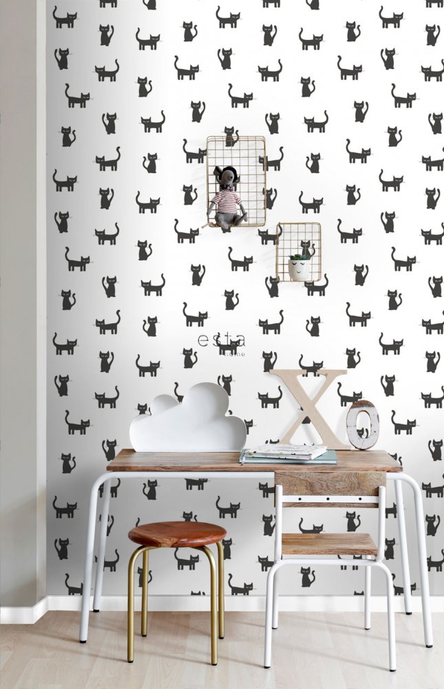 Vliesová tapeta bílá s černými kočičkami 138928, Little Bandits, Esta