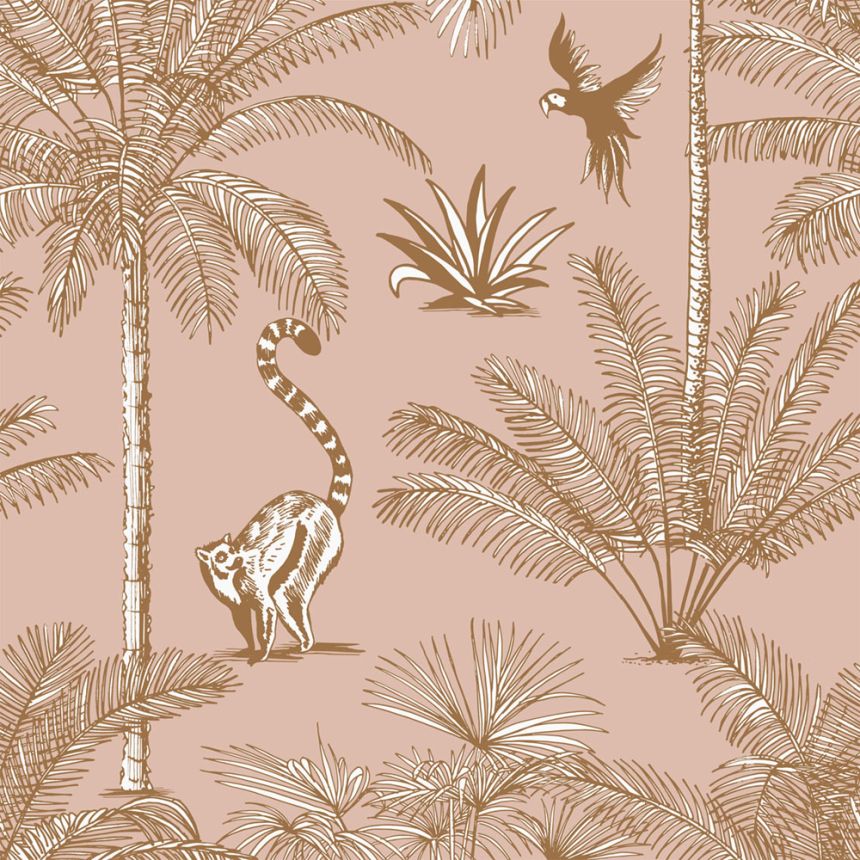 Růžová vliesová tapeta - opice, palmy, tropické listy, 158943, Paradise, Esta Home