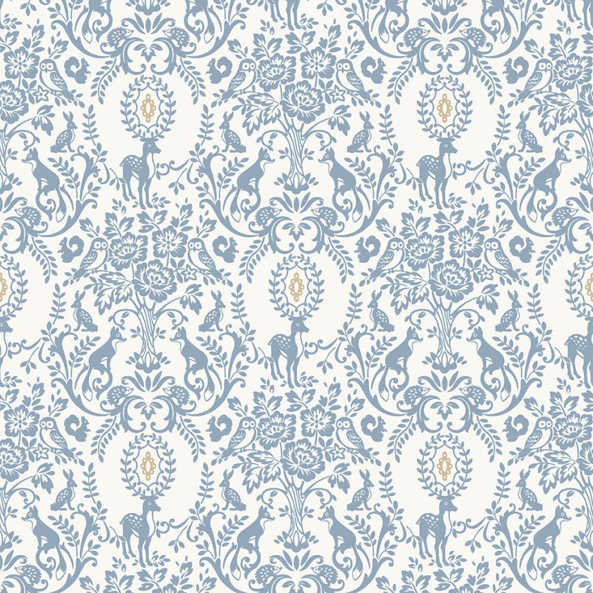 Modrá vliesová dětská tapeta na zeď - ornamenty, květiny, lesní zvířátka JS3304, Jack´N Rose 2024 , Grandeco