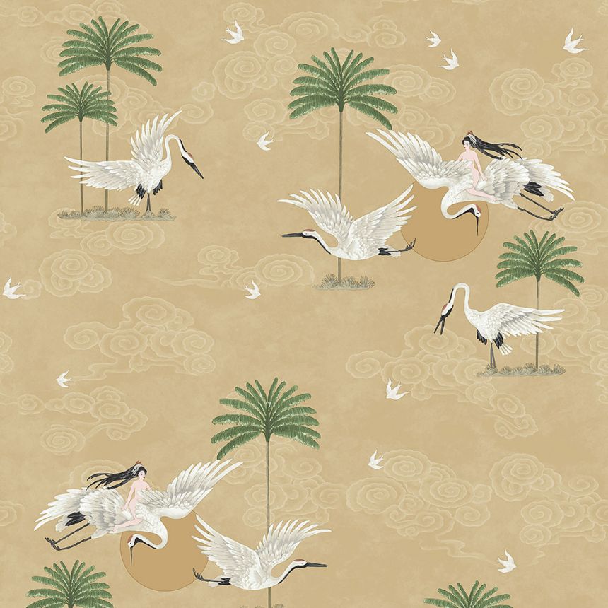 Okrová romantická vliesová tapeta na zeď, ptáci, palmy 6501-4, Batabasta, ICH Wallcoverings