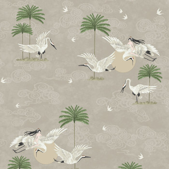 Béžová romantická vliesová tapeta na zeď, ptáci, palmy 6501-2, Batabasta, ICH Wallcoverings