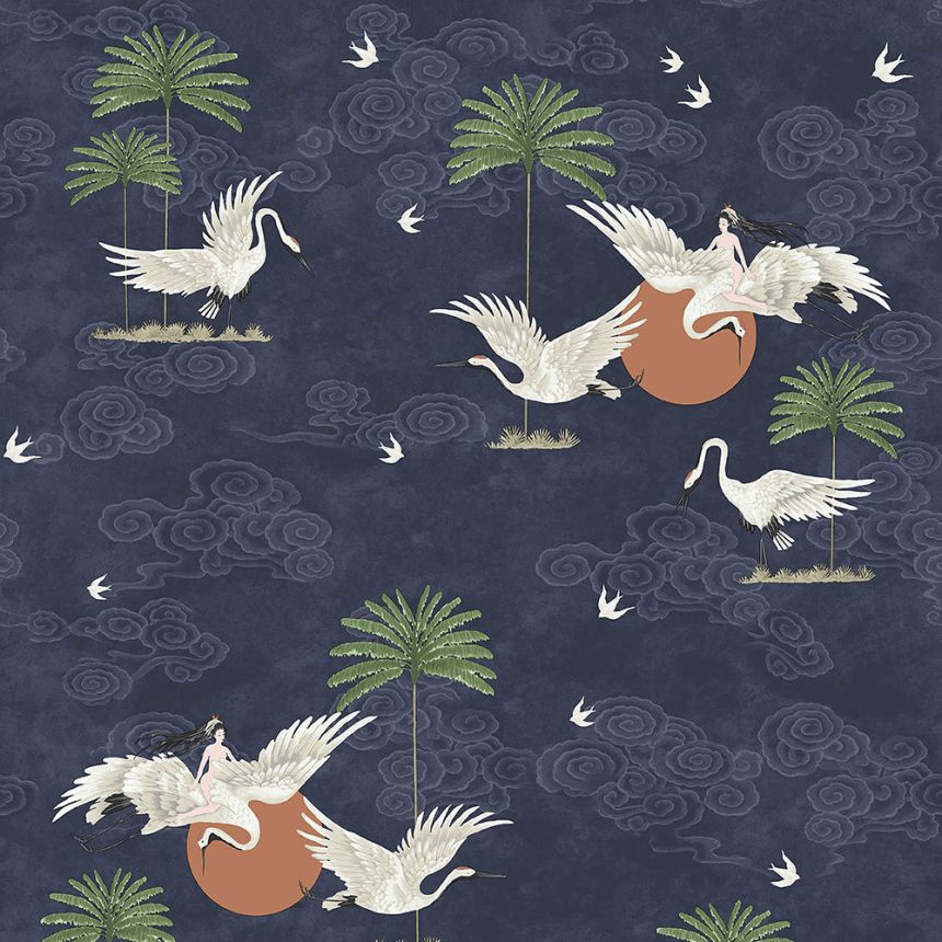Modrá romantická vliesová tapeta na zeď, ptáci, palmy 6501-1, Batabasta, ICH Wallcoverings