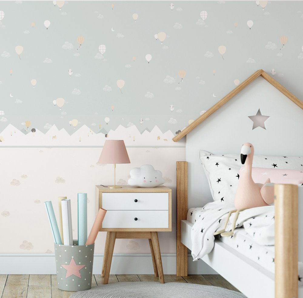Mentolová dětská vliesová tapeta na zeď - mráčky, balony, 7001-1, Noa, ICH Wallcoverings