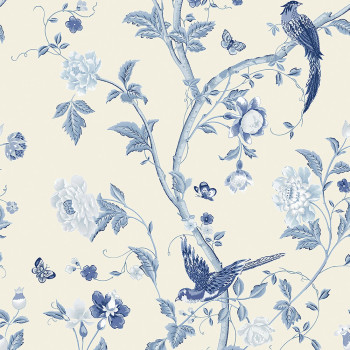Vliesová tapeta na zeď s modrými květinami a ptáčky 113390, Laura Ashley, Graham & Brown