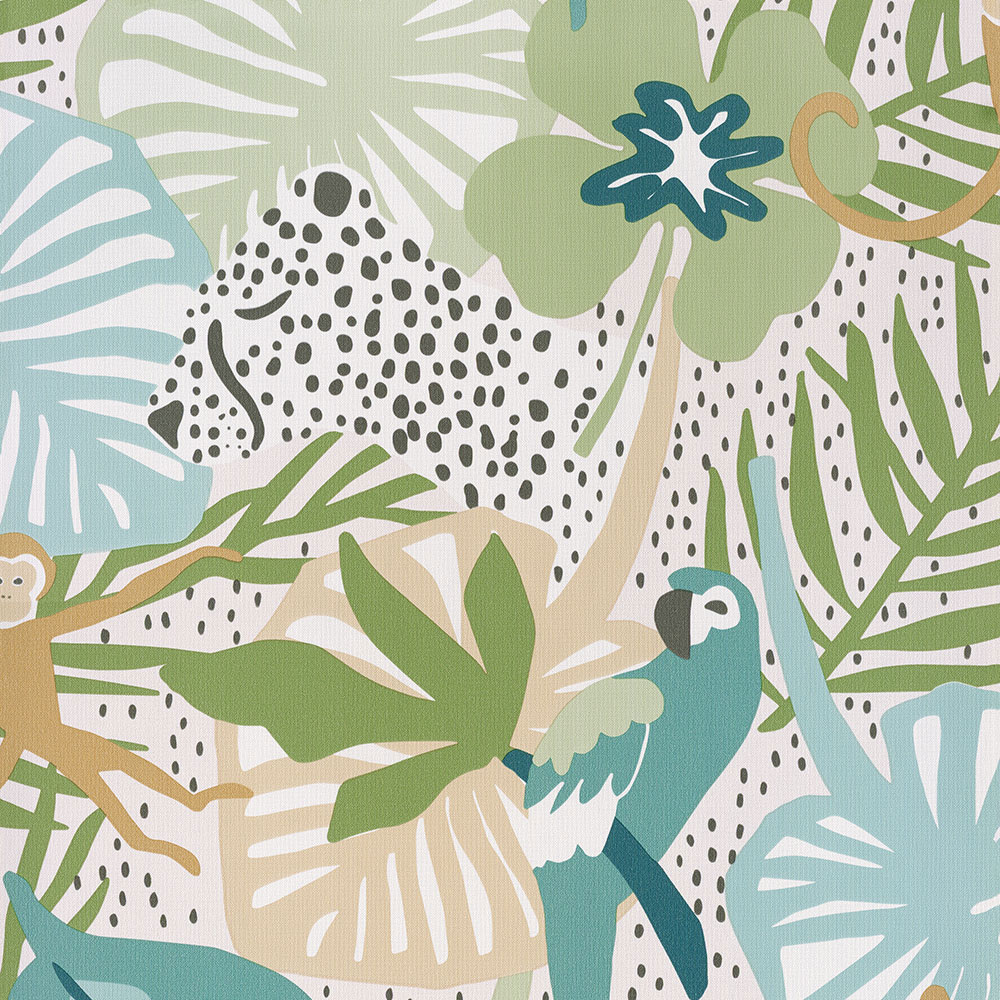 Barevná dětská tapeta s listy, papoušky, opicemi 220723, Doodleedo, BN Walls