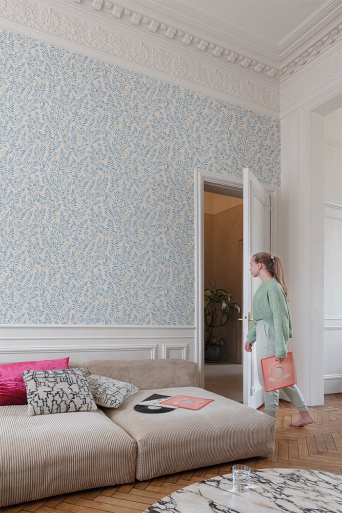 Modrá vliesová tapeta na zeď - větvičky, listy MN3407, Maison, Grandeco