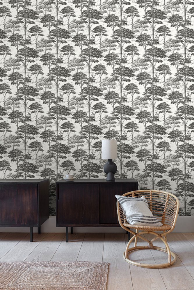 Černo-bílá vliesová tapeta na zeď, les, stromy MN3013, Maison, Grandeco