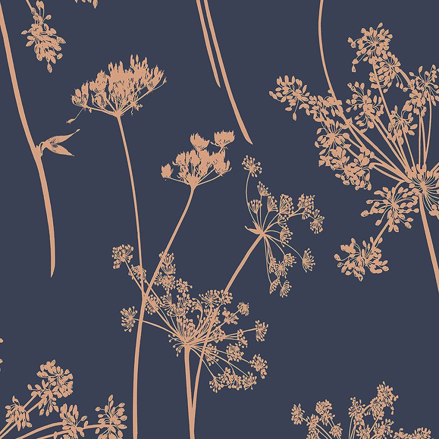 Modro-bronzová vliesová tapeta luční květiny, tráva 105581, Reclaim, Graham&Brown