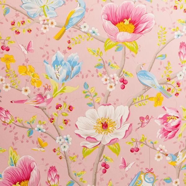 Růžová vliesová tapeta s květinami a ptáčky 341001, Pip, Eijffinger
